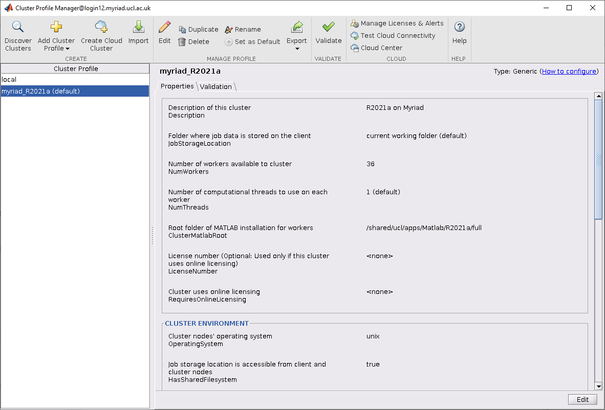 MATLAB Cluster Profile Manager screenshot after